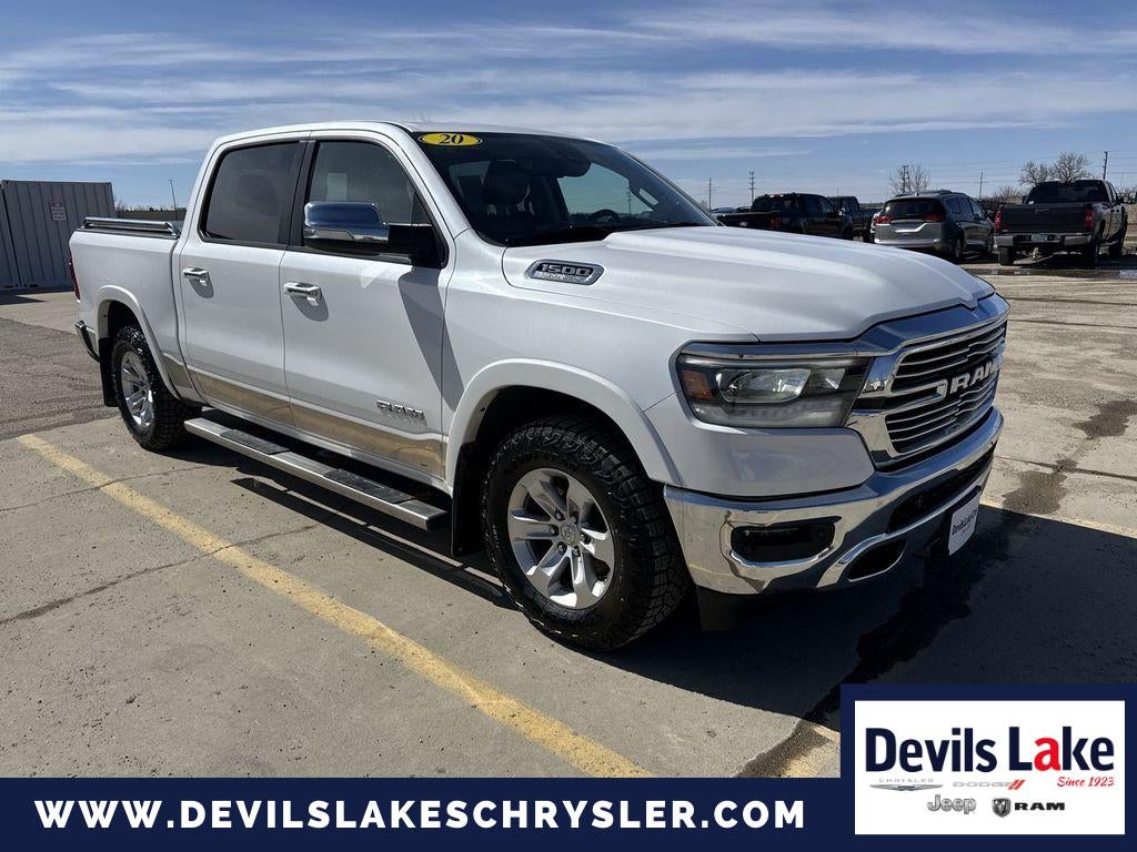 2020 RAM 1500 Laramie Crew Cab 4x4 5'7' Box in Ivory White Tri-Coat Pearlcoat — front three-quarter view