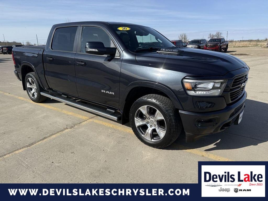 2020 RAM 1500 Laramie Crew Cab 4x4 5'7' Box in Maximum Steel Metallic Clearcoat — front three-quarter view