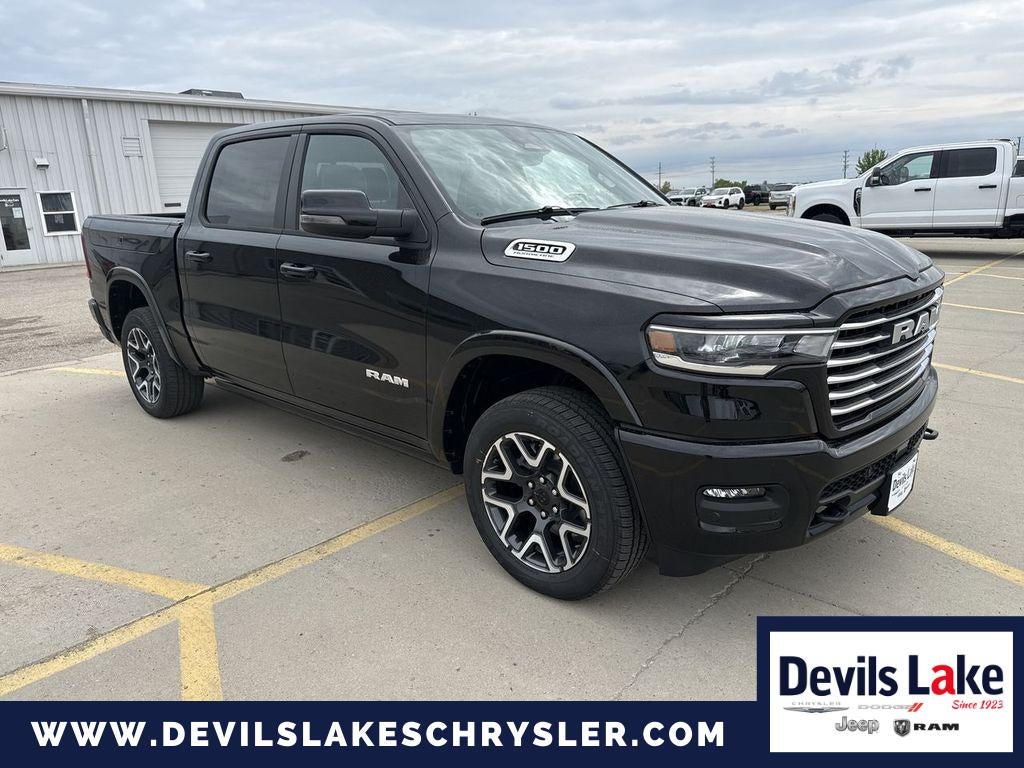 2026 RAM Ram 1500 RAM 1500 LARAMIE CREW CAB 4X4 5'7' BOX in Diamond Black Crystal Pearlcoat — front three-quarter view