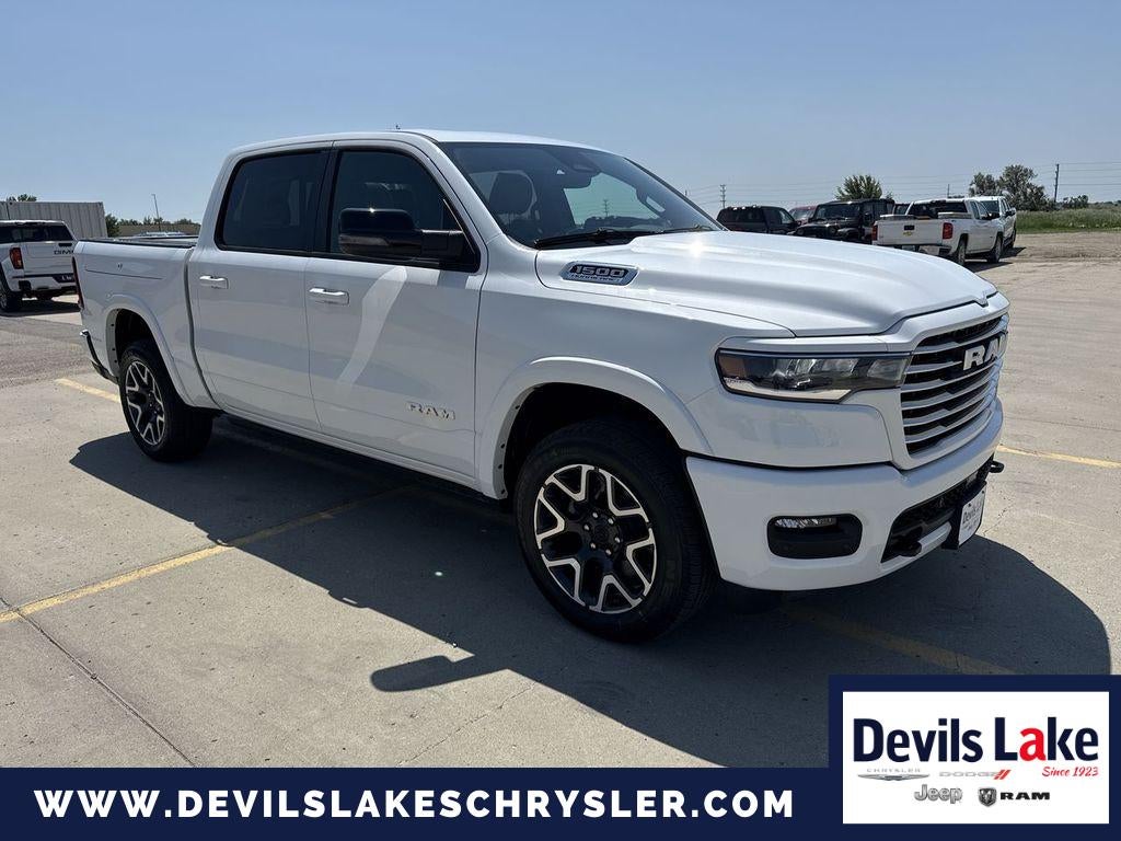 2026 RAM Ram 1500 RAM 1500 LARAMIE CREW CAB 4X4 5'7' BOX in Bright White Clearcoat — front three-quarter view