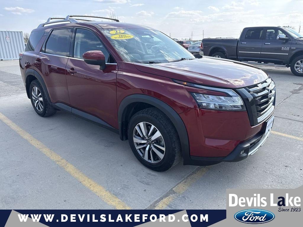 2022 Nissan Pathfinder SL 4WD in Scarlet Ember Tintcoat — front three-quarter view